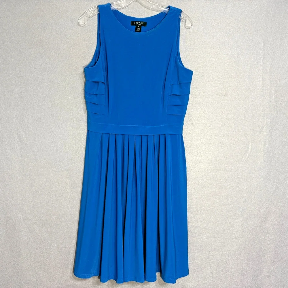 Lauren Ralph‎ Lauren Fit Flare Womens Dress 10 Stretch Pleated Classic Preppy